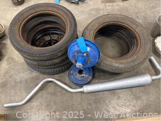 Vintage Automotive Exhaust, (8) Tires, Wheel Stand And More 