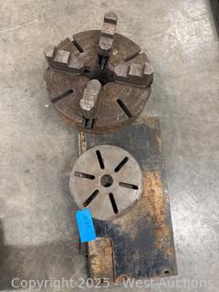 Milling Machine Chuck And Jaws, Faceplate And Assorted Steel Plate