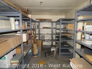 Warehouse Shelving Units with Packaging Supplies and Solvents