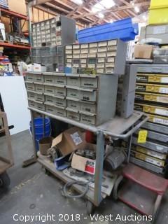 Work Cart and Contents - Drill Bits, Electric Motor, Hardware