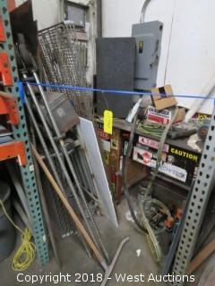 Bulk Lot: Rolling Wire Rack Shelf Components; Work Bench; Electric Motor; Assorted Electrical Wiring