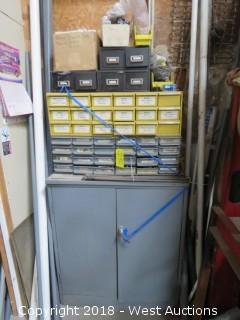 (1) Lockable Shop Cabinet and (5) Assorted Size Multi-Drawer Storage Bins with Contents