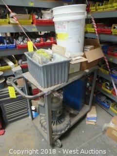 Rolling Metal Shop Cart and Contents: Plumbing Parts, Electric Motor with Blower, and Multi-Drawer Storage Bin