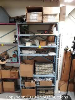6' Rack Full Of Hardware Organizers, Bench Vises, Tooling And More