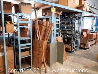 Bulk Lot: (6) Shelving Units And Bays Of Parts, Components, Cardboard Tubes And More