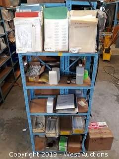 4' Metal Shelf Rack With Jars, Manuals, Stamps