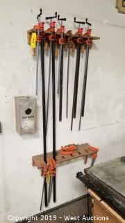 (15) Bar Clamps and (3) C-Clamps with Wall Mounts