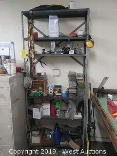 Bulk Lot: 5 Shelf Metal Rack with Snap Rings, Screws, Blades, Wire & More