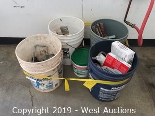 (4) Bins With Concrete Tools, Pipe Materials, Tape, and More