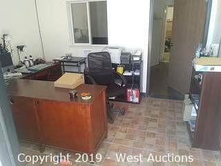 Bulk Lot: Main Office Contents: Desk, Shelves, Paper Shredder, Printer, Label Printers, Chairs, Lamps & More