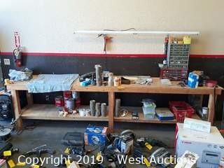 12' Wood Work Bench With Tools, Hardware, Tape, And More
