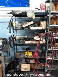 5' Tall Shelving Rack With Contents; Grease Guns, Copper Washers, Air Hoses and More