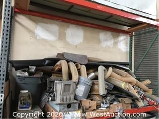 Bulk Lot: Shelf of Conveyor Legs, Vent Hoses, Table Saw, Spools of Rope, 20 Space Junction Box, & More