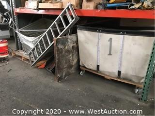 Bulk Lot: Aluminum Framing, Caution Gates, Large Wooden Furniture Dolly, Laundry Bin of Air Hoses, Conveyor Rollers, & More