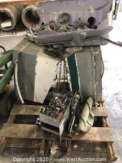 Mixed Lot: (2) Commercial Exhaust Vents, Bin of Rolling Gate Parts, Incomplete Electric Gate Motor