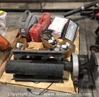 Mixed Lot: Craftsmen Mini Shop Vac, (2) Floodlights, Custom Built Recoiler, Boxes of Sigma Lampholders