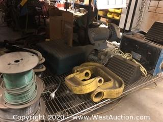 Bulk Lot: Shelf of Cable Spools, Chock Blocks, Hilti Pump, (2) Goodway Tube Cleaners & More