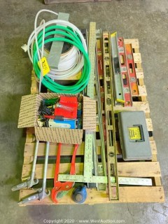 Pallet of Approx (9) Levels, Sheetrock Square, Lockout Tagout Safety Kit, Hoses, Air Nozzles, Most Cable Cutter