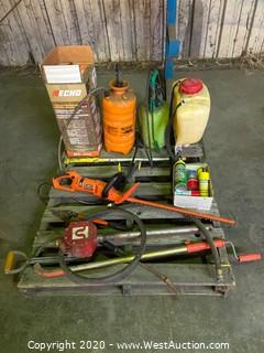 Pallet of Echo 3-Gallon Professional Handheld Sprayer, Solo Sprayer, Melnor Sprayer, RL ProFlo Sprayer, Box Of Insect Killer, Black And Decker Hedge Trimmer