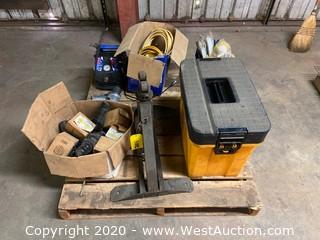 Pallet of Parker Triple-Lok And Ferulok Fittings With SAE Ports, In Case Pipe Roller Stand, Campbell Hausfeld Air Compressor and Hose, Speedaire Air Filter Pressure Regulators, Ingersol Rand 1/2” Impact Gun