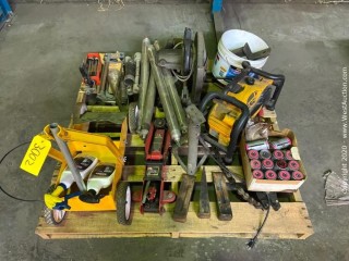 Pallet of Dewalt Stereo, Big Red 2-1/4 Ton Rapid Lift Jack, Rustoleum Striping Machine, Black And Decker Heavy Duty Saw, Hand Tools, Simalube Grease Zerk Fillers, Door Stoppers