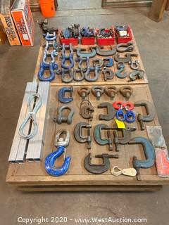 (2) Solid Wood Portable Work Platforms With C Clamps, Lifting Eyes, Clevises, Swivel Hooks