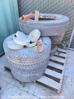 Bulk Lot: (8) Assorted Truck Tires, Trailer Hitch, Assorted Utility Box Caps, & Trailer Leg