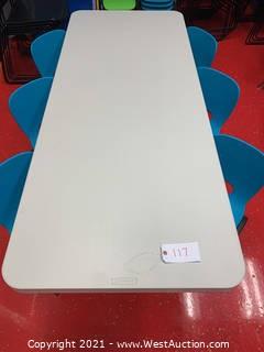 Lifetime Adjustable Height Table, 72 x 30 x 24-34"Height, Almond Table and (6) Blue Toddler Chairs
