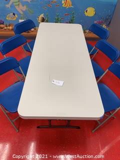 Lifetime Adjustable Height Table, 72 x 30 x 24-34"Height and (6) Hercules Series Premium Blue Chairs