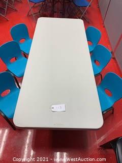Lifetime Adjustable Height Table, 72 x 30 x 24-34" Height, Almond Table and (6) Blue Toddler Chairs
