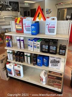 Contents of Rack; Oil, Seal, Glycol, Coolant, Battery cleaner, 