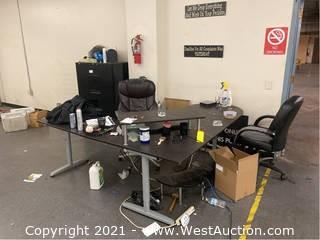 Assorted Office Supply; Desk, Chair, Filing Cabinet, Utensils