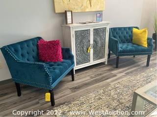 Set Of Blue Tufted Chairs And Throw Pillows 