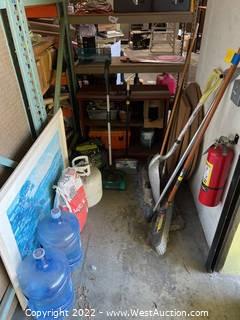 Contents of Corner - Toolbox, Floor Scraper, Fire Extinguisher, Bookshelf, More