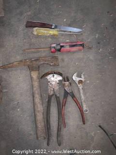 Case Of New Fence Post Staples, Hoe And Shovel Heads, Pliers, Hammer, And Simpson Strong Ties