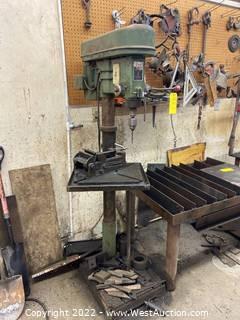 Enco Bench Drill Press Model 40080 with Vise and Shelf of Tooling