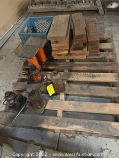 Contents Of Pallet: Assorted Bottle Jacks, Wood And Metal Hardware