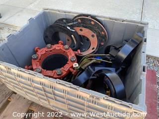 Bin Of Assorted PVC Gaskets, Brackets, And Other Equipment 