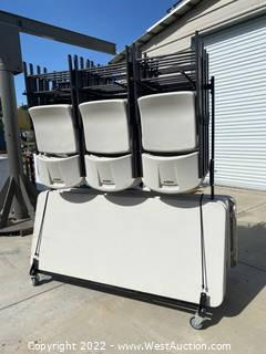 Rolling Cart Of Lifetime Collapsible Chairs And Tables 