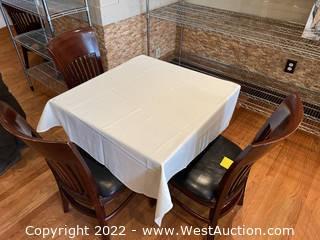 Table Set: Wood Table With Tablecloth And 3 Wood Chairs