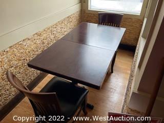 Table Set: (2) Wood Tables With Tablecloths And (2) Wood Chairs