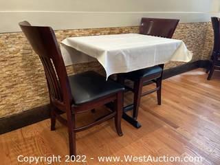 Table Set: Wood Table With Tablecloth And 2 Wood Chairs