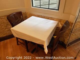 Table Set: Wood Table With Tablecloth And 2 Wood Chairs