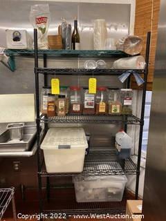 Contents Of Metro Rack And Wall Mounted Shelf: Assorted To Go Containers And Cooking Supplies