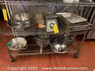 Contents Of (2) Shelves: Assorted Mixing Bowls, Scale, Stainless Cooking Trays, And More 