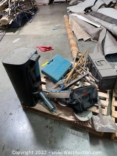 Pallet Of Assorted Tools: Rakes, Shovels, Roller Stand, Trash Can, Empty Tool Boxes