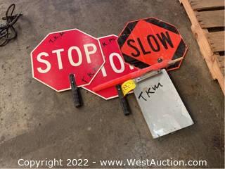 (2) Stop Signs, (1) Slow Sign, (1) Construction Clipboard, (1) Hazard Flag