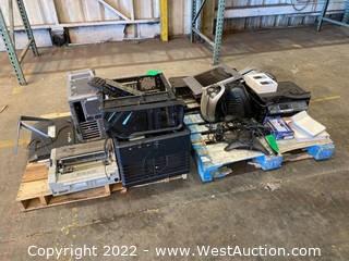 (2) Pallets Of Assorted Office Electronics: Server Cases, Computer Towers, Monitors, Fan, Heater, NEC Phone System, Epson Printer, Microphone
