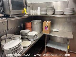 Contents of Shelf and Table: Assorted Plates, Stock Pot, Salsa and Tortilla Bowls and More