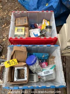 (2) Containers Of Assorted Electrical Hardware, Conduit, Bulbs And More 
